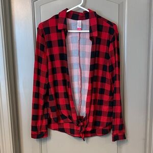 Red and Black Plaid Tie-Front Shirt